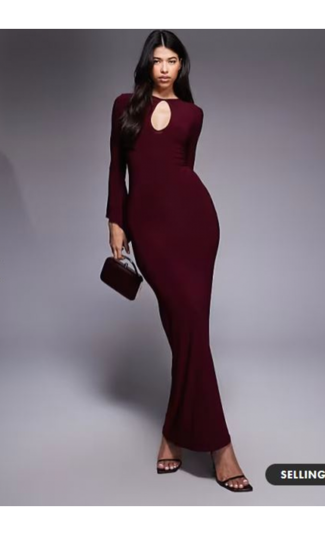 ASOS DESIGN asymmetrical angel sleeve maxi dress in burgundy