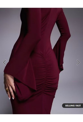 ASOS DESIGN asymmetrical angel sleeve maxi dress in burgundy