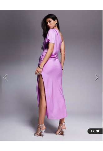 ASOS DESIGN satin one shoulder flutter sleeve midi dress in pink lilac