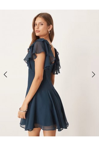 ASOS DESIGN tea mini chiffon dress with ruffle hem in dark green