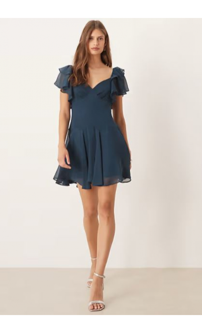 ASOS DESIGN tea mini chiffon dress with ruffle hem in dark green