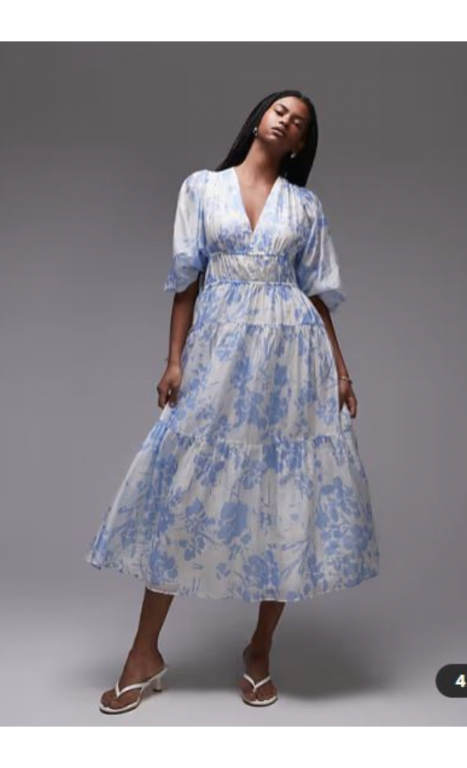 & Other Stories midaxi dress with volume sleeves and shirred bodice detail in blue floral print