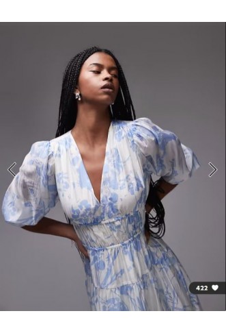& Other Stories midaxi dress with volume sleeves and shirred bodice detail in blue floral print