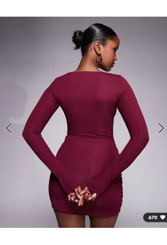 Oh Polly slinky boat neck long sleeve ruched skirt mini dress in wine