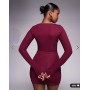 Oh Polly slinky boat neck long sleeve ruched skirt mini dress in wine