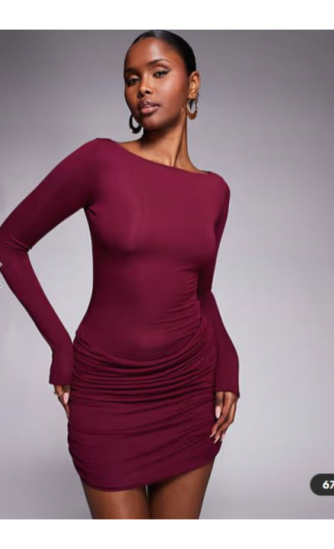 Oh Polly slinky boat neck long sleeve ruched skirt mini dress in wine