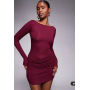 Oh Polly slinky boat neck long sleeve ruched skirt mini dress in wine