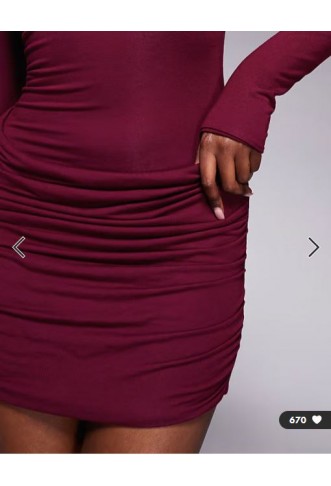 Oh Polly slinky boat neck long sleeve ruched skirt mini dress in wine
