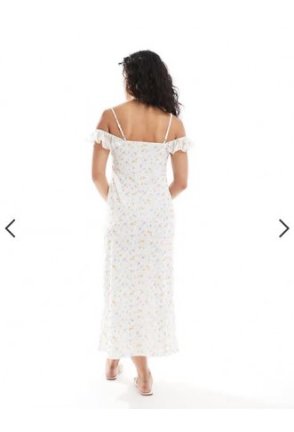 New Look frill floral mesh midi dress in white