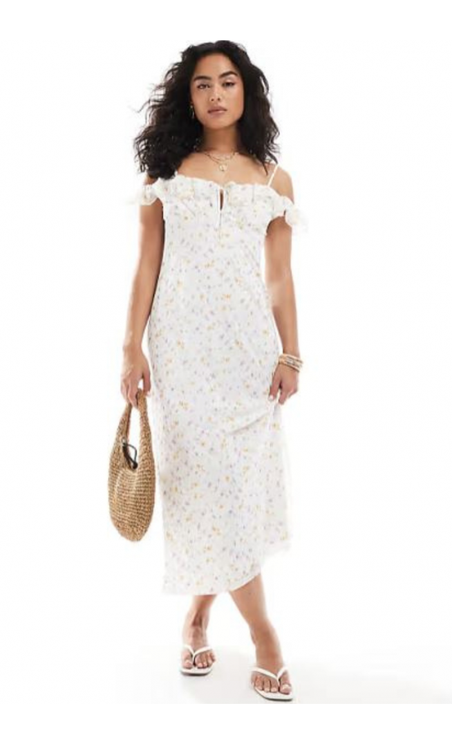 New Look frill floral mesh midi dress in white