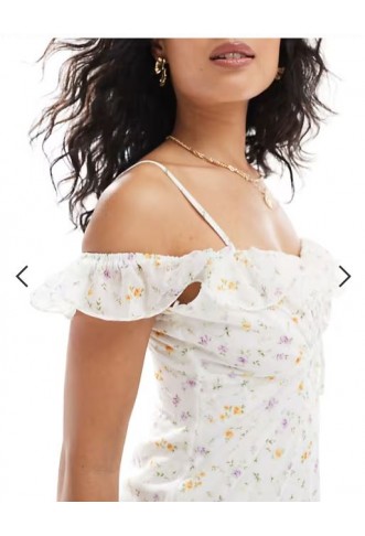 New Look frill floral mesh midi dress in white