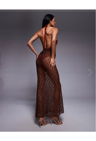 ASOS DESIGN lace halter maxi dress with twist skirt detail in red and chocolate