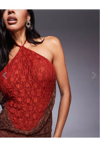 ASOS DESIGN lace halter maxi dress with twist skirt detail in red and chocolate