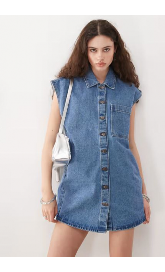 Noisy May sleeveless denim mini dress in mid blue wash