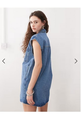 Noisy May sleeveless denim mini dress in mid blue wash