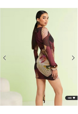 River Island asymmetric mesh tie side mini dress in burgundy