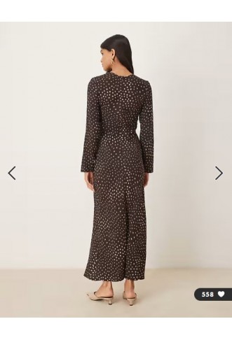 ASOS DESIGN crew neck long sleeve maxi dress in brown spot