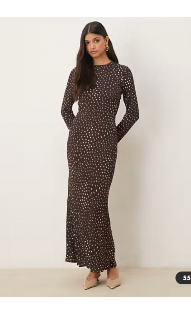 ASOS DESIGN crew neck long sleeve maxi dress in brown spot