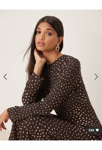 ASOS DESIGN crew neck long sleeve maxi dress in brown spot