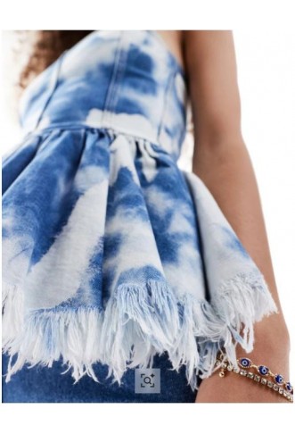 Monki denim bandeau tube top with ruffle hem in blue tie dye