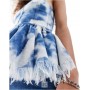 Monki denim bandeau tube top with ruffle hem in blue tie dye