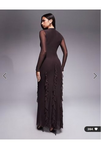 ASOS DESIGN mesh long sleeve maxi dress with waterfall ruffle skirt detail in chocolate