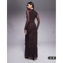 ASOS DESIGN mesh long sleeve maxi dress with waterfall ruffle skirt detail in chocolate
