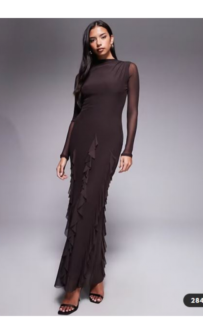 ASOS DESIGN mesh long sleeve maxi dress with waterfall ruffle skirt detail in chocolate