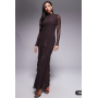ASOS DESIGN mesh long sleeve maxi dress with waterfall ruffle skirt detail in chocolate