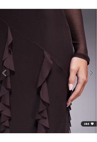 ASOS DESIGN mesh long sleeve maxi dress with waterfall ruffle skirt detail in chocolate