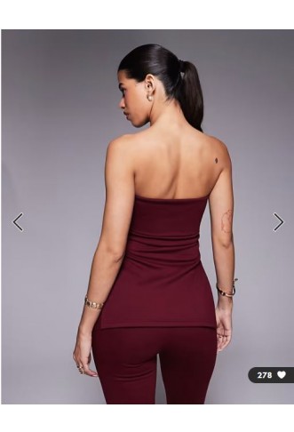 ASOS DESIGN co-ord jersey twill fold over longline bandeau top in burgundy