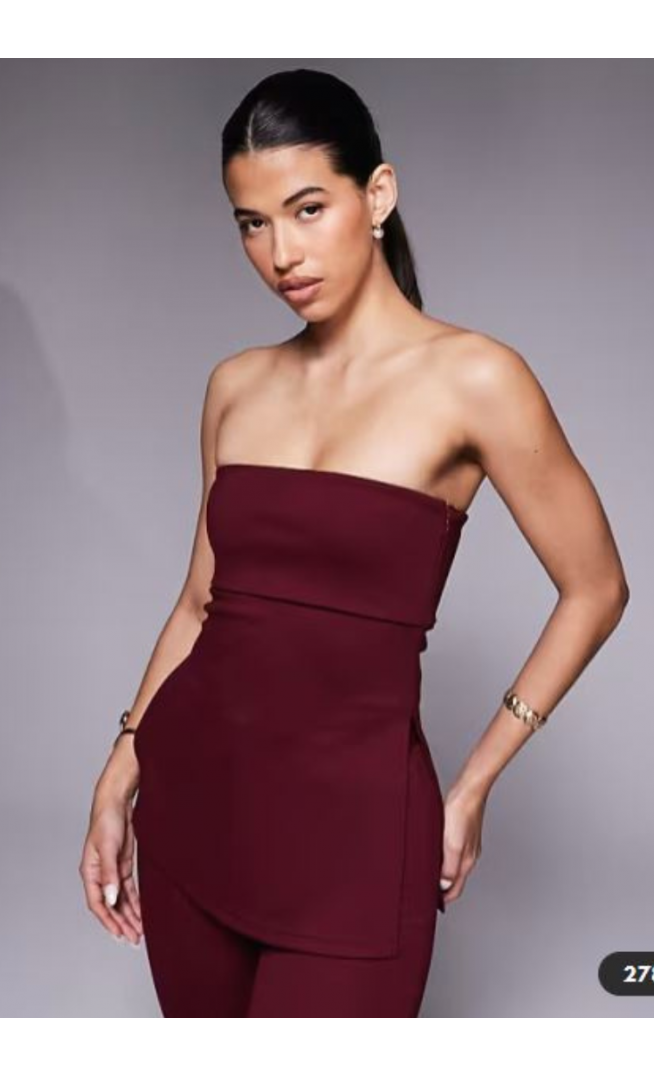 ASOS DESIGN co-ord jersey twill fold over longline bandeau top in burgundy