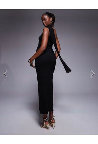ASOS DESIGN textured crinkle one shoulder midi dress with sheer neck tie sash in black
