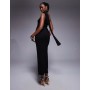 ASOS DESIGN textured crinkle one shoulder midi dress with sheer neck tie sash in black