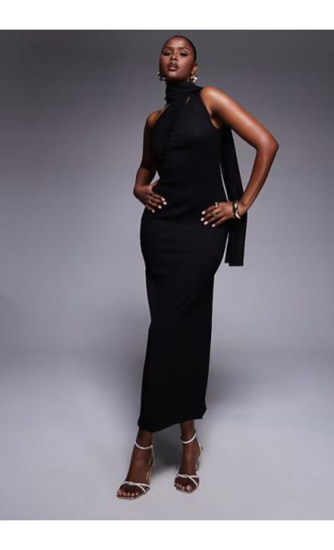 ASOS DESIGN textured crinkle one shoulder midi dress with sheer neck tie sash in black