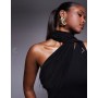 ASOS DESIGN textured crinkle one shoulder midi dress with sheer neck tie sash in black
