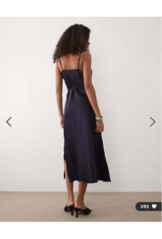 YAS satin midi cami dress with tie waist in navy