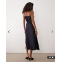 YAS satin midi cami dress with tie waist in navy