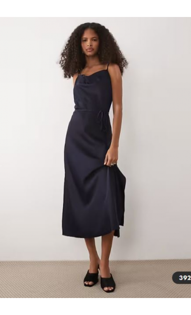 YAS satin midi cami dress with tie waist in navy
