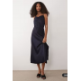 YAS satin midi cami dress with tie waist in navy