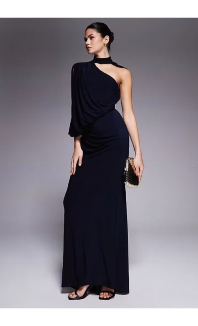 ASOS DESIGN one shoulder slinky drape maxi dress with cape detail in navy