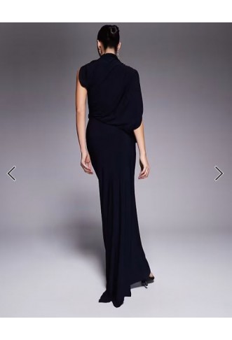 ASOS DESIGN one shoulder slinky drape maxi dress with cape detail in navy