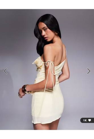ASOS DESIGN mesh embellished flower mini dress with skinny ties in buttermilk