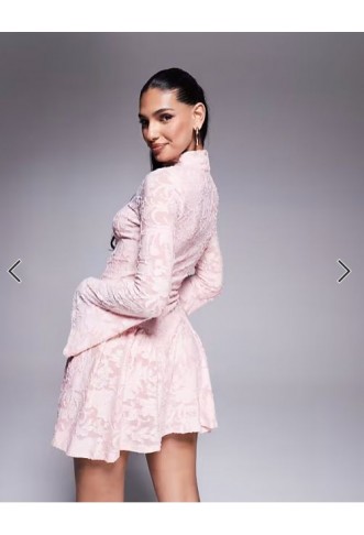ASOS DESIGN high neck with flutter full length sleeves and godet inserts devore mini dress in light pink