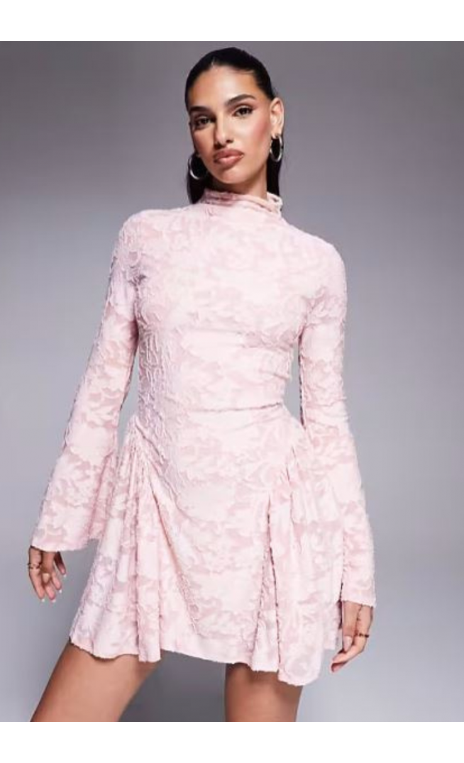 ASOS DESIGN high neck with flutter full length sleeves and godet inserts devore mini dress in light pink