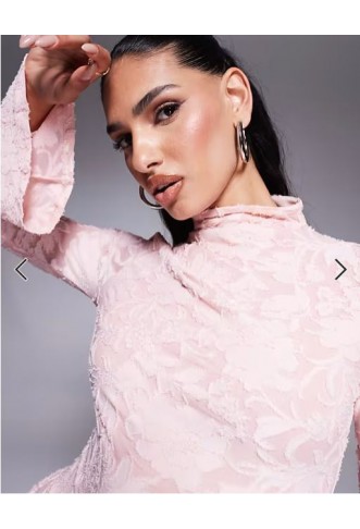 ASOS DESIGN high neck with flutter full length sleeves and godet inserts devore mini dress in light pink
