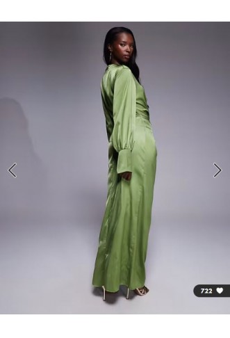 ASOS DESIGN twist front bias satin maxi dress with gold hardware in olive green