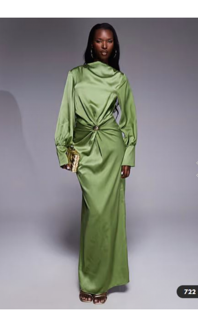 ASOS DESIGN twist front bias satin maxi dress with gold hardware in olive green