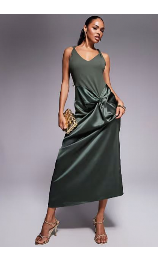 ASOS DESIGN twist strap ribbed midi dress with satin knot skirt in khaki