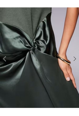 ASOS DESIGN twist strap ribbed midi dress with satin knot skirt in khaki